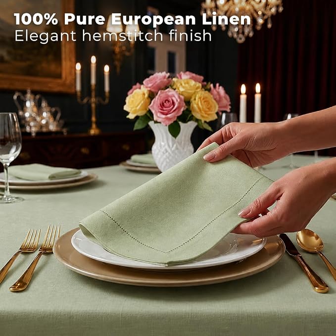 Signature Linen™ by D'Moksha Sage Green Dinner Napkins Set of 4, 20 x 20 Inch Cloth Napkins, 100% Pure Linen, Hemstitch, Machine Washable Table Napkins- Summer, Weddings, Outdoor hostings - Image 3