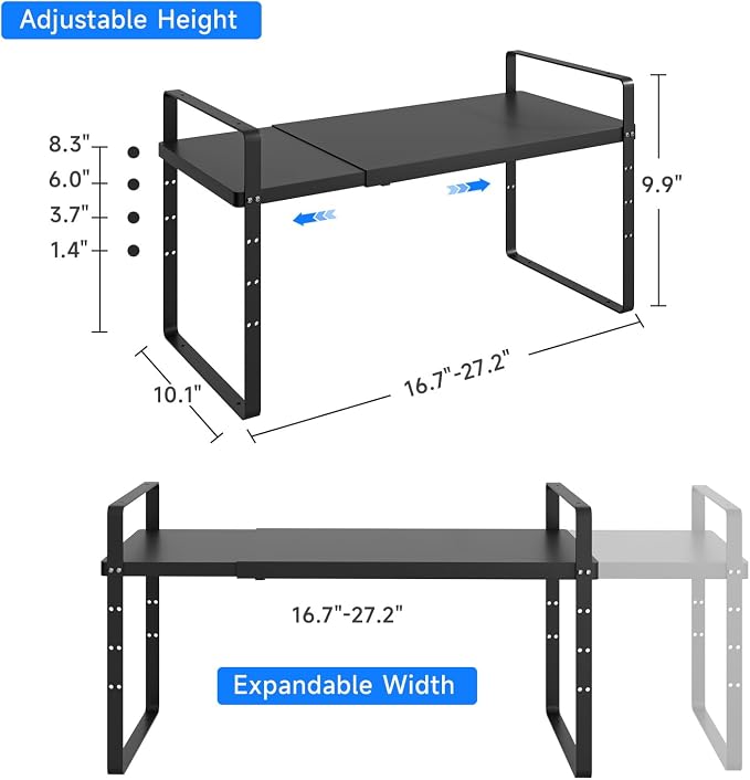 Expandable Cabinet Shelf Organizer, Stackable Kitchen Pantry Counter Storage, Adjustable Closet Cupboard Stand Rack Risers Spice Organization 80LBS Heavy Duty Black Large 2 Pack - Image 2