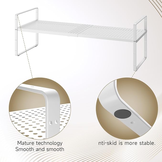 16.5~27.1" Expandable Shelf with Hole，1Pack 10.2" Wide Stackable Cabinet Shelves，White - Image 5