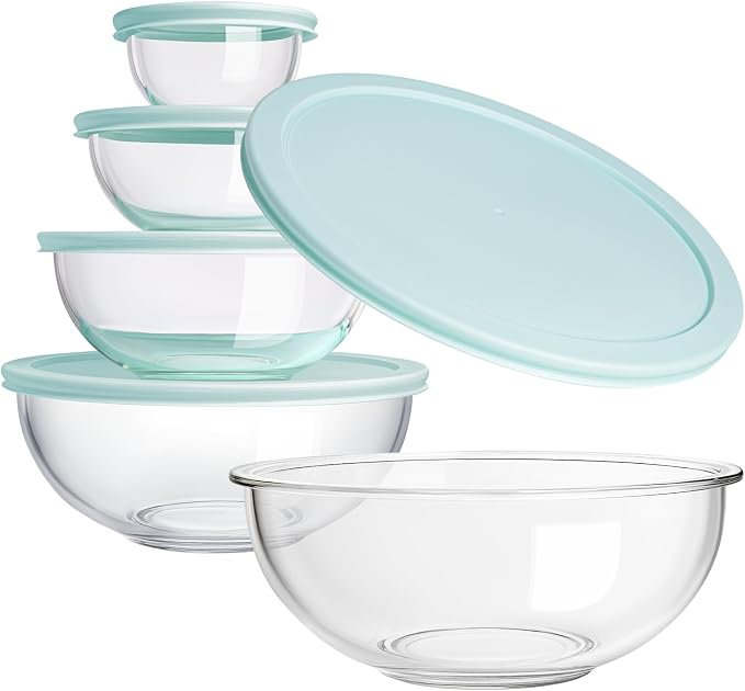 Luvan Glass Mixing Bowl with Lids Set of 5(0.2QT, 0.5QT, 1.1QT, 2.1QT, 3.75 QT), Space-Saving Nesting Bowls Anti-slip Salad Bowls for Storage, Cooking, Microwave,Freezer,Oven and Dishwasher Safe - Image 2