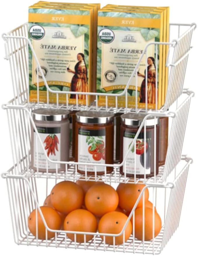 Slideep 14" Large Bin Baskets Stacking Baskets Sturdy Metal Wire Storage Baskets Organization with Handles for Pantry, Kitchen, Closets, Bathroom, Cabinets, Kitchen,White, Set of 3 - Image 2