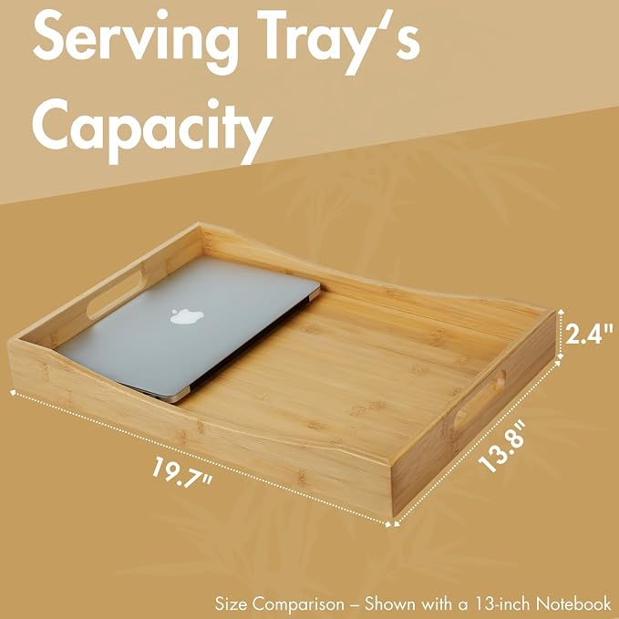 Gobam Bamboo Serving Tray with Handles, 19.7 x 13.8 inch Rectangular Decorative Tray for Entryway, Kitchen, Dining & Living Room, Large Wooden Breakfast Trays for Bed, Coffee Table & Ottoman - Image 2