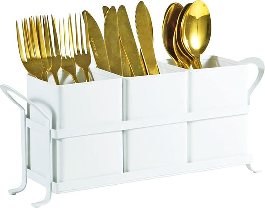 NelyBet White Metal Utensil Caddy, 3 Compartments, Portable Design, Perfect for Countertop, Outdoor, and Camping by NelyBet