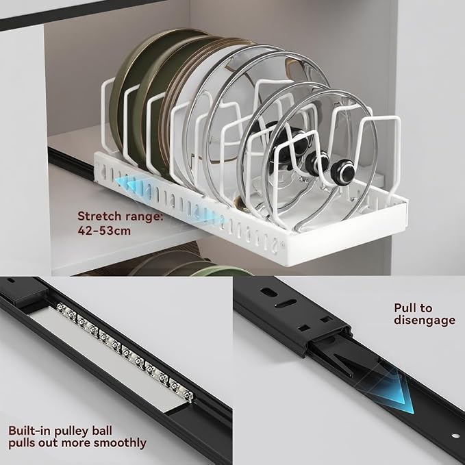 Pull Out Pot Lid Organizer, Cabinet Pan Rack, 8 Dividers | 2-pack black carbon steel rack, 16 adjustable dividers, quiet slide rails, adhesive or screw mount for lids, pans, bakeware - Image 6