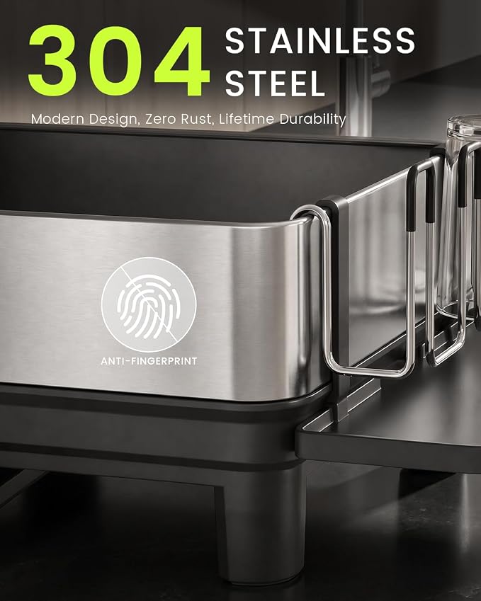 Dish Drying Rack, 2 Tier 304 Stainless Steel Dish Rack and Drainboard Set, Rustproof Dish Drainer with Anti-Pooling Automatic Drainage, Large Capacity Kitchen Counter Organizer, Black - Image 2