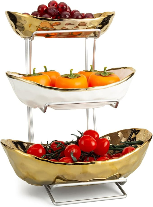 3 Tier Ceramic Fruit Basket for Kitchen Counter with Metal Stand, Fruit Bowls with Rack, Porcelain Bowls for Vegetable Bread Candy Snack Nuts Dessert Cake Tray (Gold Triple Layer) by jessie