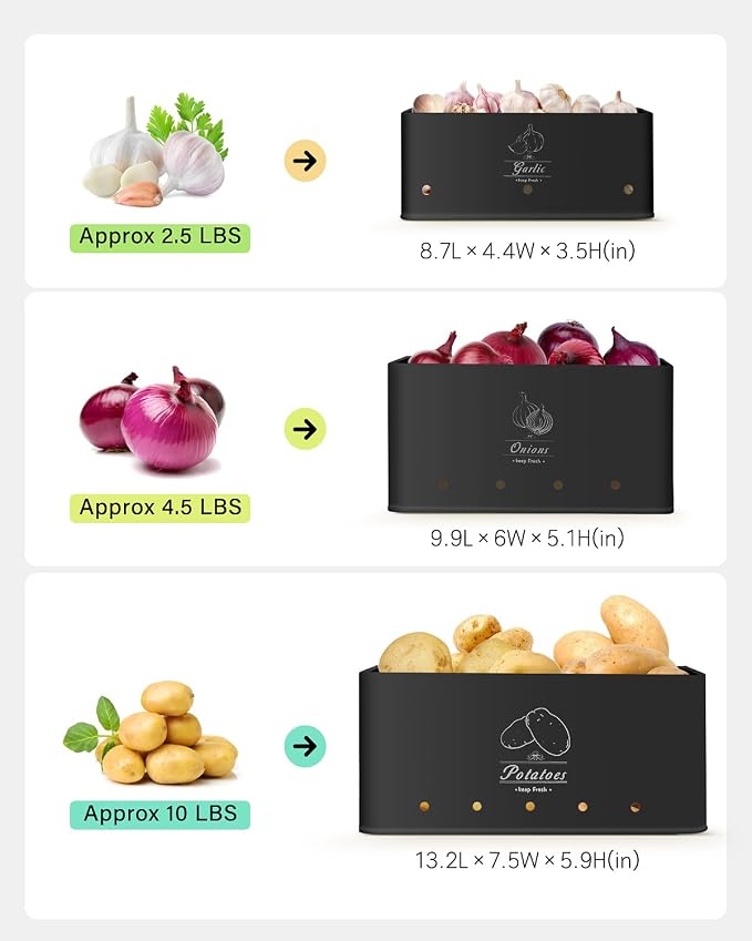 Kitchen Vegetable Storage Set of 3, Sturdy and Durable Storage Basket for Potato, Onion, Garlic, Fruit,Aerating Holes and Wooden Lid (black) - Image 4