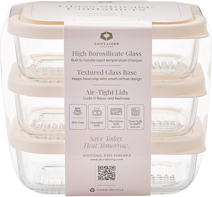 Glass Food Storage Containers with Lids — 6 Piece — 17.6 oz Glass with BPA-Free Leakproof Stackable Lids — Microwave, Oven & Dishwasher Safe — Ideal for Meal Prep & More - Vanilla Mist - Image 2