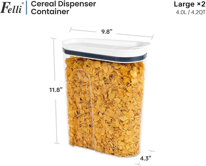 Felli Cereal Container Storage Airtight Holds 32 oz Family Size Breakfast Box with Flip Top Lid, Stackable Acrylic Dry Food Dispenser, Protein Granola Oats Grains, Crunch Keeper (Large 4.1Qt - 2pk) - Image 3