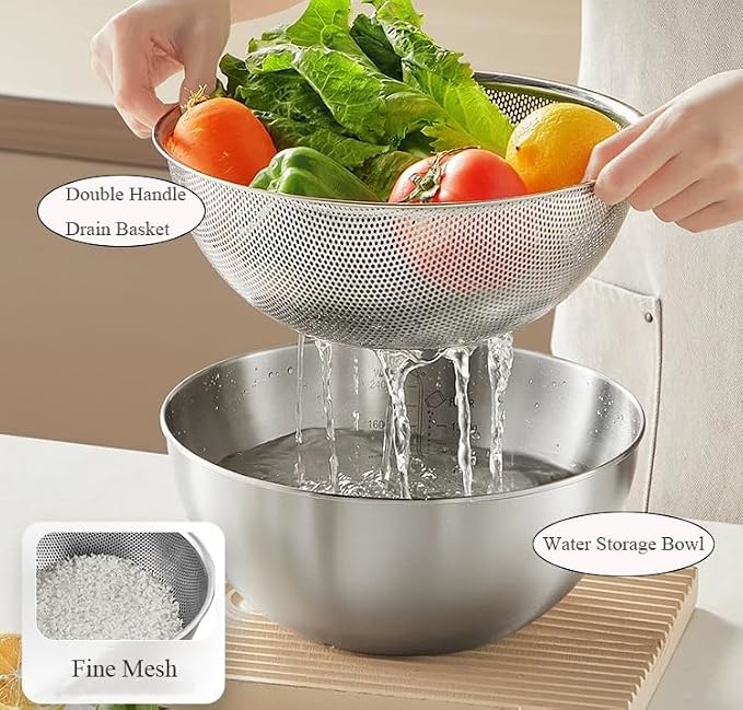 Mixing Bowls, Set of 3, Stainless Steel Bowl, Salad Bowl Set, Gourmet Bowl Set with Strainer and Grater Attachments, Serving Bowls, Snack Bowls and Bowls, Size 2.5 L, 2 L, 0.7 L, Stackable and - Image 4