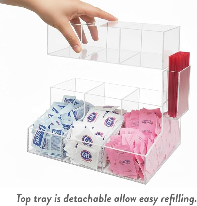 Acrylic Coffee Station & Condiment Organizer – Modular Detachable Top Tier – 6 Compartments for Sugar Packets, Creamers, Syrups, Hot Cups, Tea & Stirrers – Breakroom Caddy (Transparent) - Image 3