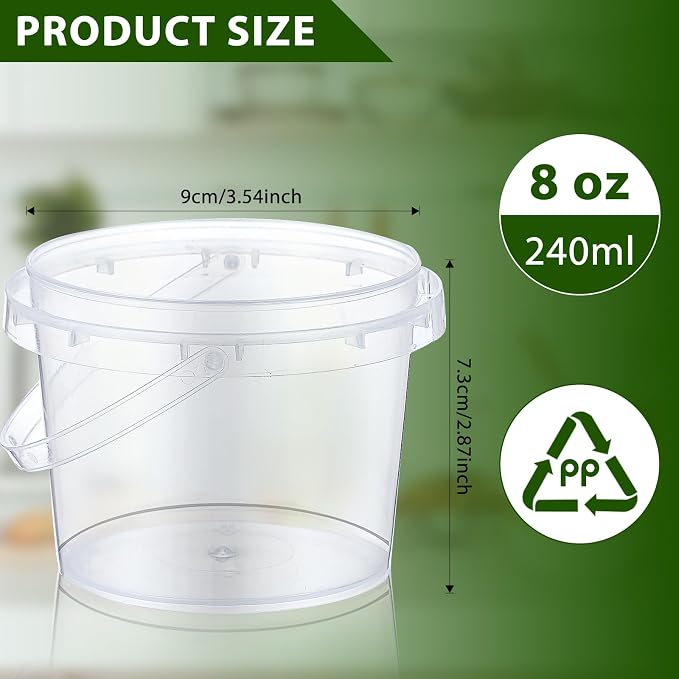 50 Pcs Food Clear Bucket Plastic Gallon Bucket Round Reusable Ice Cream Containers with Lids and Handles Airtight Clear Plastic Tub Freezer Reusable Pail for Popcorn Kitchen Drinks Home(8oz) - Image 2