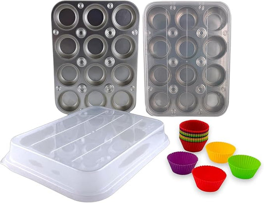 G&S Design Set of Two 12-Cup Muffin Pans with Locking Carrier Lids and 24 Silicone Liners by G+%26+S+Metal+Products+Co
