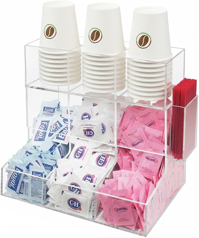 Acrylic Coffee Station & Condiment Organizer – Modular Detachable Top Tier – 6 Compartments for Sugar Packets, Creamers, Syrups, Hot Cups, Tea & Stirrers – Breakroom Caddy (Transparent) - Image 6