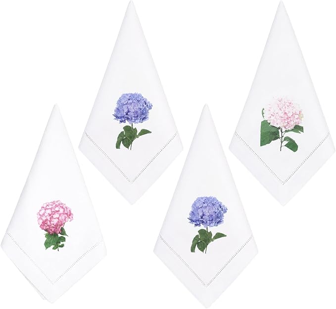 Cloth Tea Napkins Set of 4, Floral Print Cloth Napkins, Minimal Reusable Cotton Table Napkins for Dinner, Weddings, Parties, Coffee and Cocktail Settings, 20x20 Inches (Hydrangea) by EmbroideryLinenVN