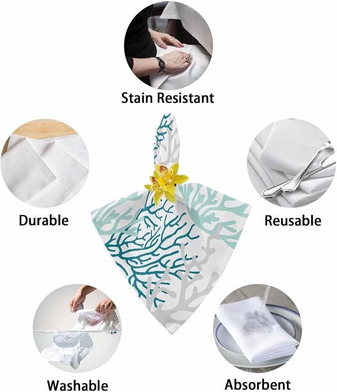 Turquoise Coral Cloth Napkins Set of 4 - Washable Dinner Napkins Reusable Table Napkins for Home Party Weeding Dining Table Setting Decoration, Oversized 20"x20" Gradient Teal Gray Modern White - Image 6