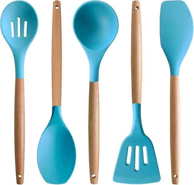 Silicone Kitchen Cooking Utensils Set, 5-Piece Non-Stick Silicone Kitchen Utensils Spatula Serving Spoons Turner Ladle Set w Wooden Handle Heat Resistant Cooking Gadgets for Nonstick Cookware by IOCBYHZ