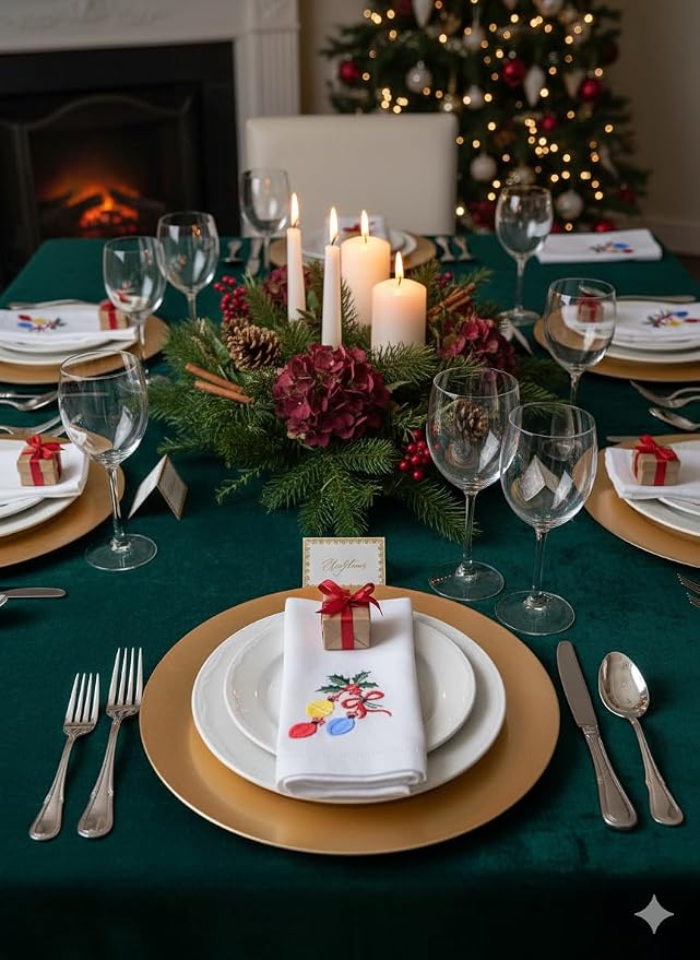 – Embroidered Cloth Napkin Balloons & Holly Christmas Cotton Napkins Set of 6, 20 x 20”, Hemstitch Table Napkins, Machine Washable, Daily & Holidays, Great Gift Ideas - Image 4