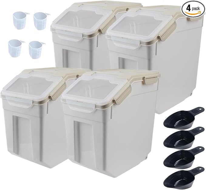 AnRui Airtight Rice Storage Container 30LBS, Large Flour Storage Containers BPA Free Kitchen Pantry Food Storage Bin Sugar Snack Cereal Grain Organizer Box with Wheel, Scoop, 4Pack, Grey by AnRui