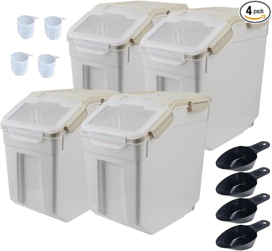 AnRui Airtight Rice Storage Container 30LBS, Large Flour Storage Containers BPA Free Kitchen Pantry Food Storage Bin Sugar Snack Cereal Grain Organizer Box with Wheel, Scoop, 4Pack, Grey by AnRui