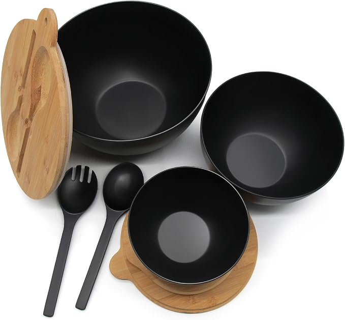 ECOWAY Salad Bowls Set of 3 with Seal Lid & Serving Utensils, Bamboo Fiber Mixing Bowls Set Large Serving Bowls & Storage Set with Bamboo Lid for Salad, Kitchen Eating, Pasta, Popcorn, Fruit, Black - Image 3
