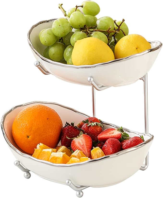 2 Tier Fruit Bowl, Ceramic Fruit Basket for Kitchen Counter | Fruit Holder for Kitchen, with Metal Stand, No Installation Required, Save Space, Easy to Clean, Modern, Silver-rimmed, Small by MakeYourHomeCozier%EF%BC%81