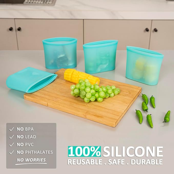 Reusable Snack Bags, 4 Pack, Stand Up 100% Silicone Reusable Storage Bag, Ziplock Silicone Food Storage Containers Snack Size, Freezer Microwave Oven Dishwasher Safe, Aqua, 16oz - Image 2