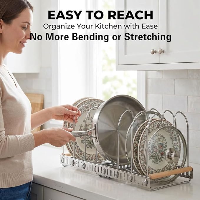 Stainless Steel Expandable Pot and Pats Organizer for Kitchen, Expandable Cookware Rack for Cutting Boards, Lids, Plate, Bowls, 304 SS 10 Adjustable Dividers Expanded Size 22.64" Lx7.28 Wx7.68 H - Image 7
