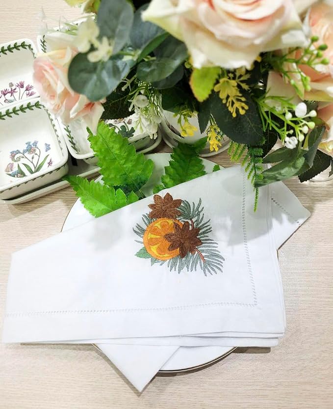 Embroidered Cloth Napkins, Set of 6 – Pine Cone, Orange & Palm Leaf Design – 20x20 Hemstitch Cotton Table Napkins – Machine Washable, Holiday & Everyday Use, Great Gift Idea - Image 4