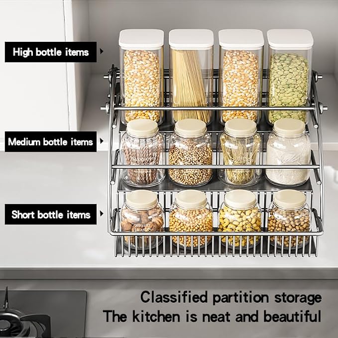 3-Tier Pull Down Spice Rack Organizer for Inside Cabinet Pantry Expandable Display Riser Shelf Kitchen Seasoning Shelf (31.5cm/12.4in) - Image 6