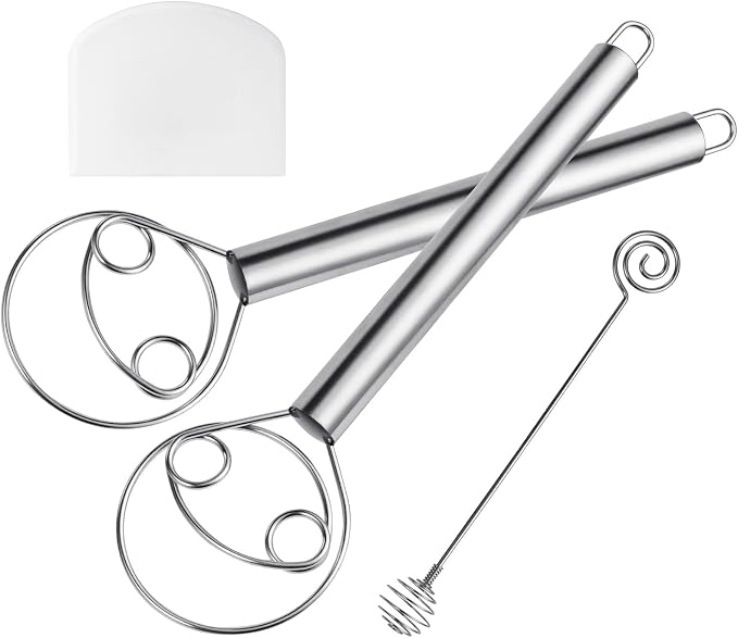 HOTUT 2 PCS 12 Inch Double Eyes Stainless Steel Danish Dough Whisk, Handheld Double Circle Flour Whisk for Whisking, Baking, Beating by HOTUT