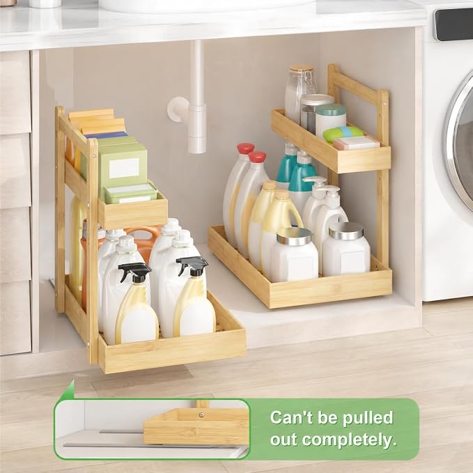 Bamboo Under Sink Organizer, 2-Tier Pull Out Cabinet Organizer | Kitchen Sink Organizer | Bathroom Cabinet Organizer | Cleaning Supply Storage | L-Shape | 3-Level Adjustable | Natural Bamboo - Image 2