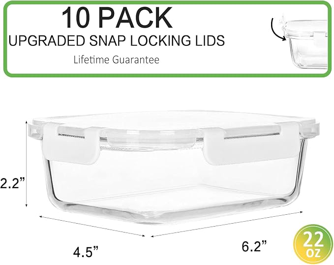 M MCIRCO 10 Pack,22 oz Glass Food Storage Containers with lids, White | Glass Meal Prep Containers,Airtight Lunch Containers with Lids, Microwave, Oven, Freezer and Dishwasher Friendly, BPA Free - Image 2
