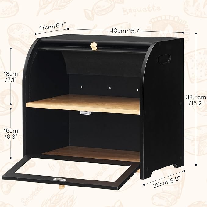 HOOBRO Bread Box, Bamboo Bread Box for Kitchen Countertop, 2 Tier Roll-Top Bread Bin, Food Storage Box, Large Capacity Keeper, Wooden Storage Cabinet, for Kitchen, Dining Room, Black BK13MB01 - Image 2