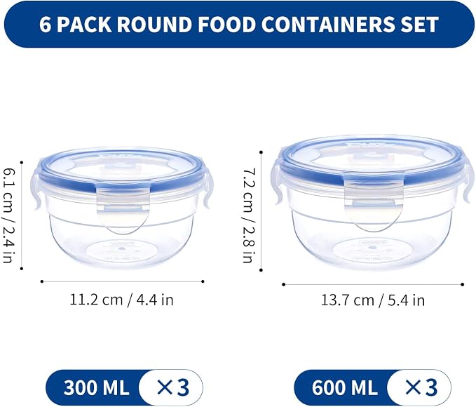 KIGI Small Round Food Storage Containers, 2.5 Cup / 1.25 cup, 6 Pack | Leak-Proof Plastic Bowls with Airtight Lid, BPA Free, Ideal for Soup, Snack, Fruit, Meal Prep & Lunch, 4 Sided Locking Lid - Image 4