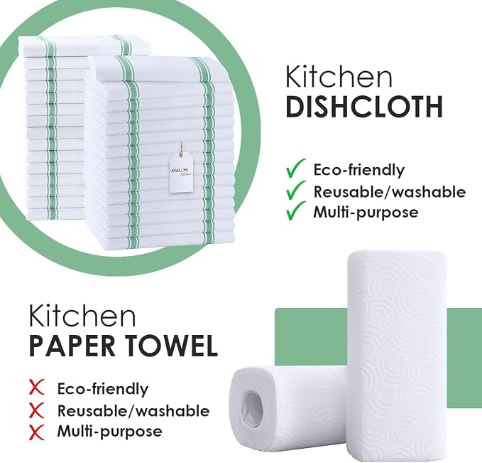 Dish Towels 30 Pack Green Stripe 100% Cotton Kitchen Towel 15x25 Inch Tea Towels, Bulk Dish Cloths for Washing Dishes, Kitchen Rags for Drying Dishes - Image 2