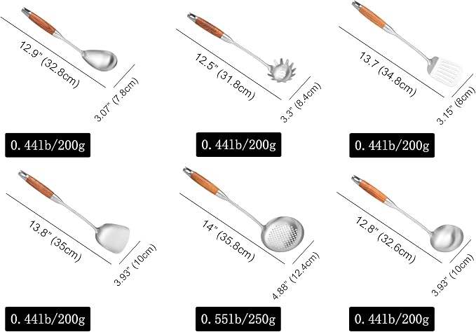 Stainless Steel Cooking Utensils Set with Wooden Handle 12.5"-14" | 304-Healthy;Wooden handle-Anti-scald;Good length,hanging hole-Easy to store;Gift-Bridal shower,Xmas,thanksgiving,housewarming - Image 6