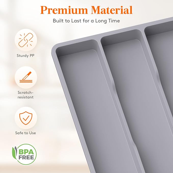 Lifewit Utensil Organizer for Kitchen Drawer, Expandable Cooking Silverware Tray, Adjustable Cutlery Flatware Holder, Plastic Spatula Tools Storage Divider, 17.3 x 15.8", Gray - Image 5