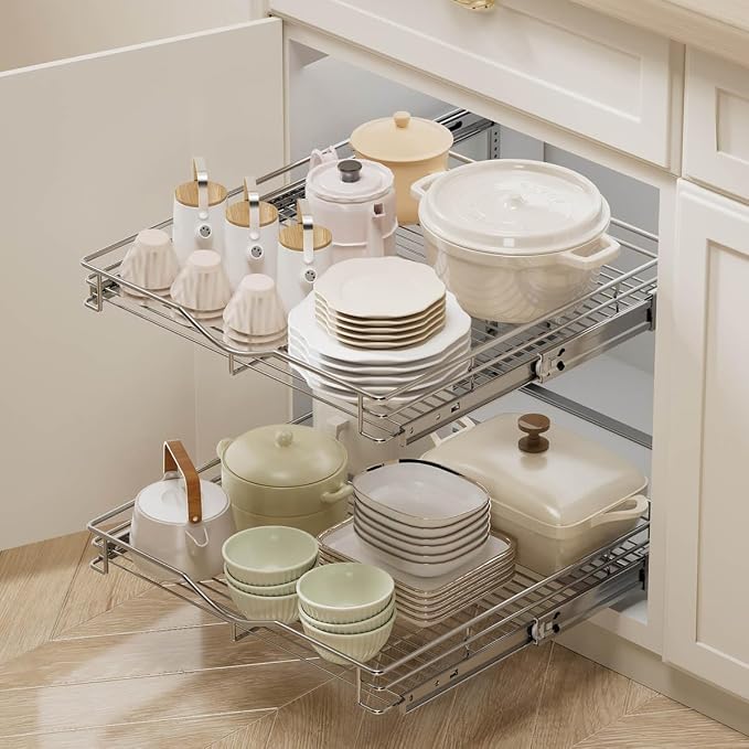 OCG 2 Tier Pull Out Cabinet Organizer (22.5" W x 21.5" D), Pull Out Drawers for Kitchen Cabinets, Pull Out Shelves for Base Cabinet Organization in Kitchen Bathroom Pantry, Chrome Finish - Image 3