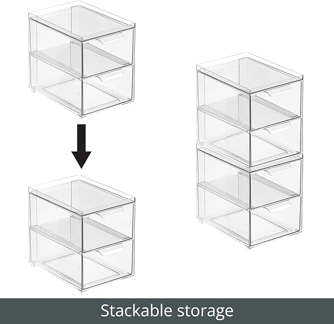 mDesign Stackable Storage Containers Box with 2 Pull-Out Drawers - Stacking Plastic Drawer Bins for Master or Guest Bathroom, Linen Closet, Vanity, or Makeup Table - Lumiere Collection -Clear - Image 4