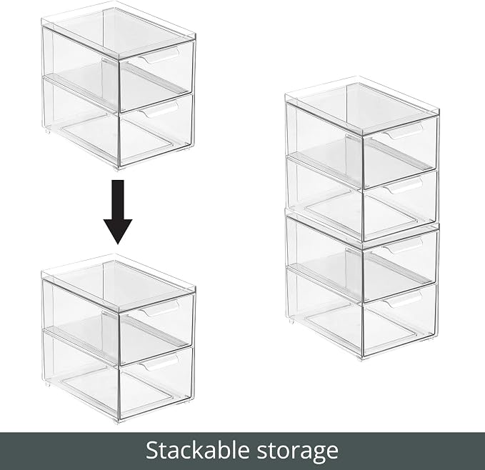 mDesign Stackable Storage Containers Box with 2 Pull-Out Drawers - Stacking Plastic Drawer Bins for Master or Guest Bathroom, Linen Closet, Vanity, Makeup Table Lumiere Collection 4 Pack, Clear - Image 6