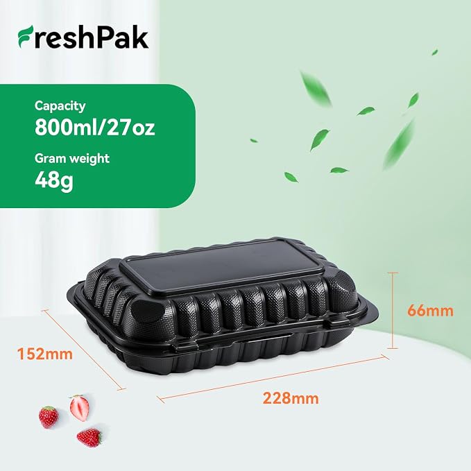 50-Pack 9x6 27oz Meal Prep Containers - Shrink Wrap Ready To Use | Rectangular Clamshell To-Go Boxes | BPA-Free & Stackable | Microwave & Dishwasher Safe for Leftovers, Lunch & Catering - Image 4