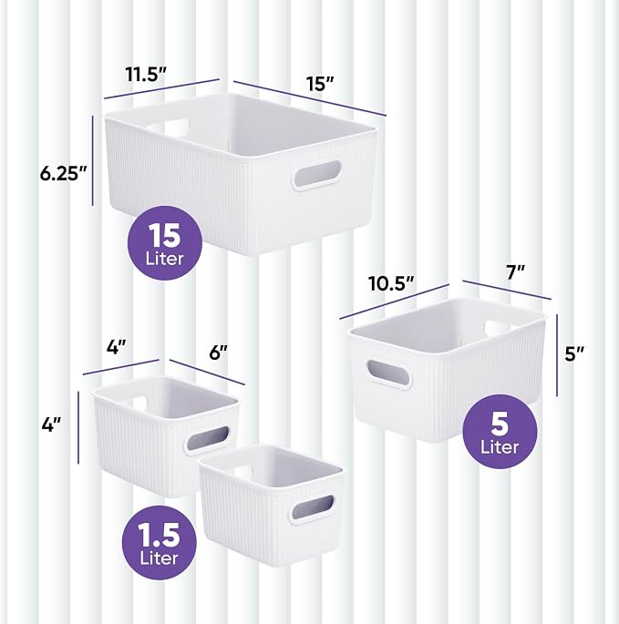 Superio Ribbed Collection - Decorative Plastic Basket Open Home Storage Bins Organizer, White (Set of 4) 1 Large, 1 Medium, 2 Small - Container Boxes for Organizing Closet Storage Bins for Shelves - Image 2