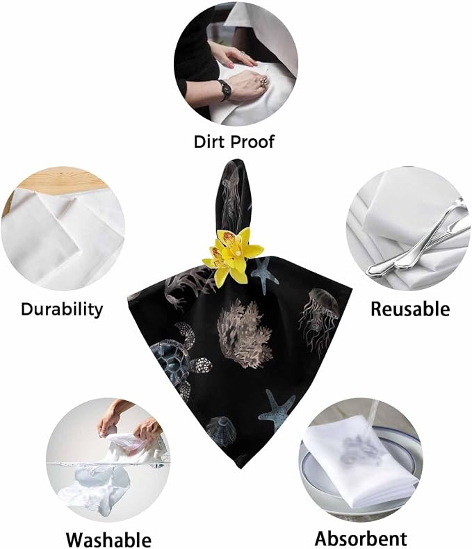 Coastal Black Cloth Napkins Set of 8 - Blue Sea Turtle Starfish Coral Ocean Jellyfish Washable Dinner Napkins Reusable Table Napkins for Party Weeding Dining Table Setting Decoration,Oversized 20"x20" - Image 6
