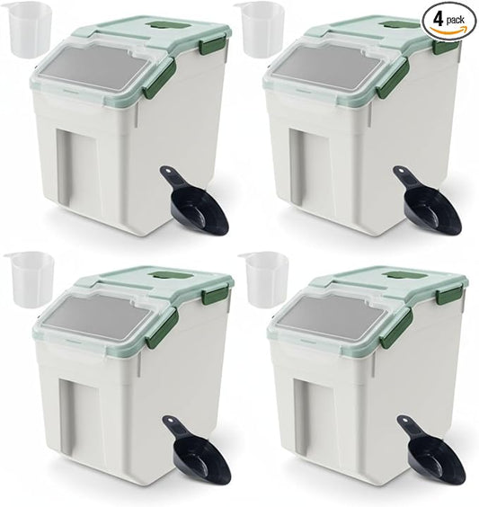 Saim 4Pack 25lbs Flour & Rice Storage Container Bin,Rice Dispenser (Green) | BPA free plastic with seal lid, rolling wheels and measuring scoop for rice, flour, cereal and grain one-hand scooping by Saim