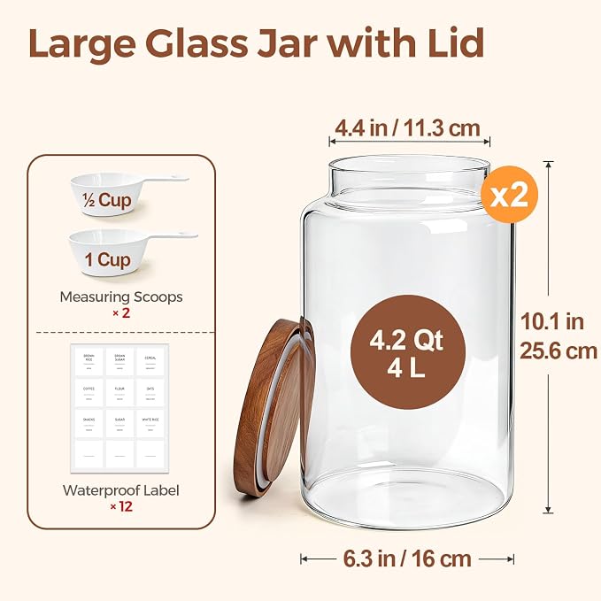 ComSaf Flour Storage Containers with Acacia Wood Lids 1Gallon 2Pack | 4.2Qt Large Glass Jar, for Cooks, Flour Cereal Rice Oats, Kitchen Pantry, 4.4in Wide Mouth, Canister with Scoops & Labels - Image 2