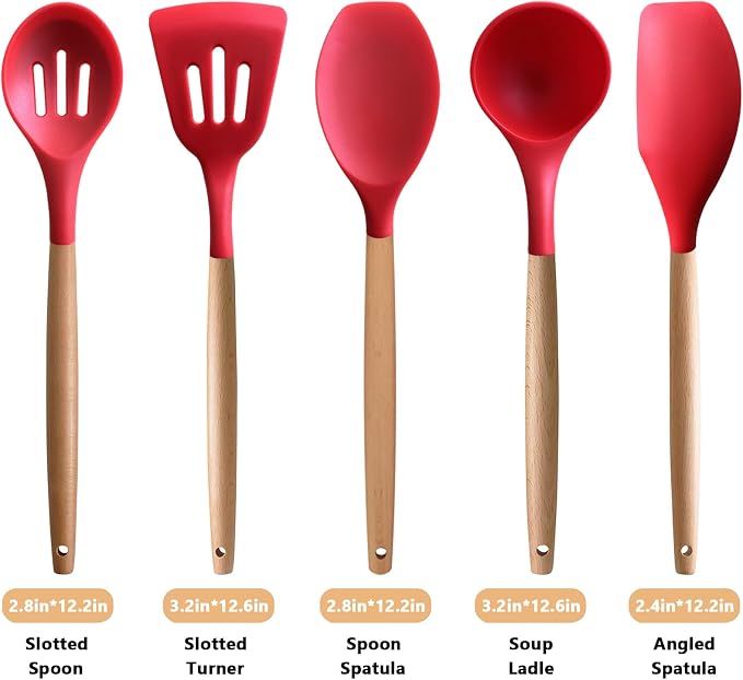 Silicone Cooking Utensils Set 5Pcs Non-Stick Silicone Kitchen Utensils for Cooking, Heat Resistant Kitchen Gadgets Spatula Spoon Turner Set with Wooden Handles for Non-Stick Cookware BPA Free - Image 3