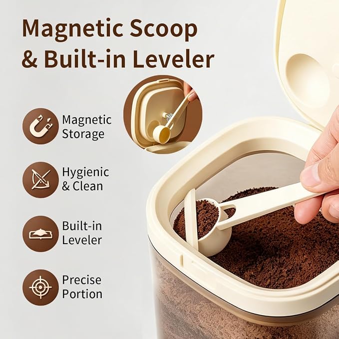 Airtight Food Storage Container with Magnetic Scoop & Built-in Leveler, 1200ML Coffee Storage Container with Date Tracker, BPA Free UV Blocking Food Container for Coffee Beans, Ground Coffee, Tea - Image 2