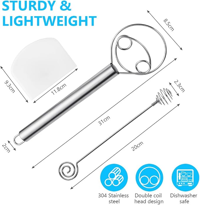 HOTUT 2 PCS 12 Inch Double Eyes Stainless Steel Danish Dough Whisk, Handheld Double Circle Flour Whisk for Whisking, Baking, Beating - Image 2
