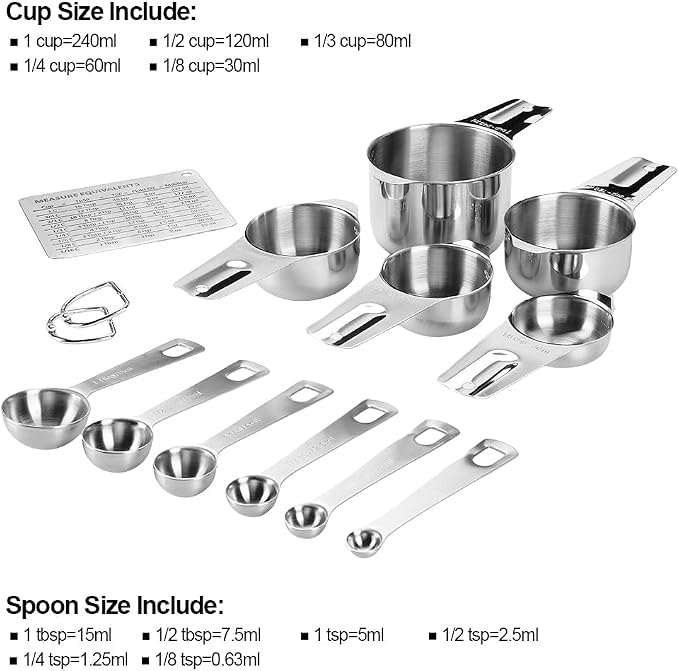Measuring Cups and Spoons Set Heavy Duty 304 Metal Stainless Steel Measuring Cup Spoon Kitchen Gadgets for Cooking Baking (Set of 14) - Image 2